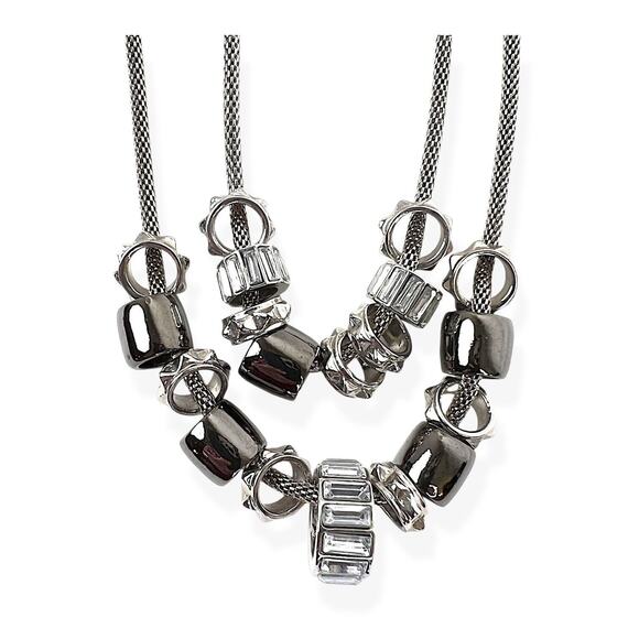Fashion Necklace Double Strand Slider Faux Hematite Beads Rhinestone Baguettes - Picture 4 of 6